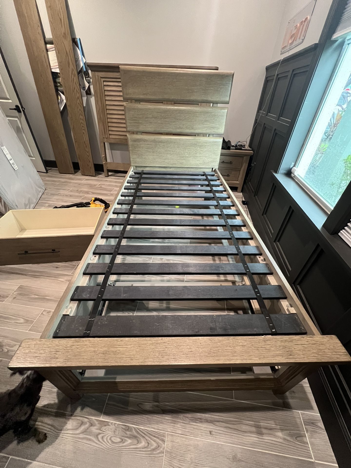 Solid Wood Twin Bed With Drawer, Mattress, And Bunkie Board!