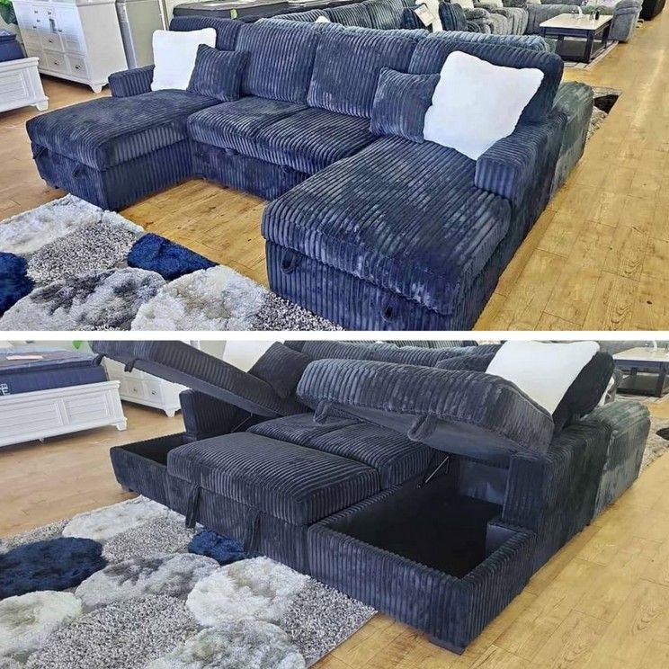Black corduroy double chaise sectional sleeper sofa with pull out Sofa bed