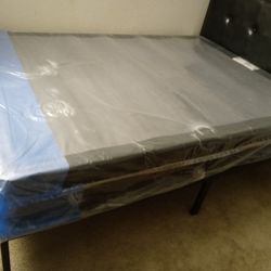 Full Size Bed Frame With  Leather Headboard And Box Matress
