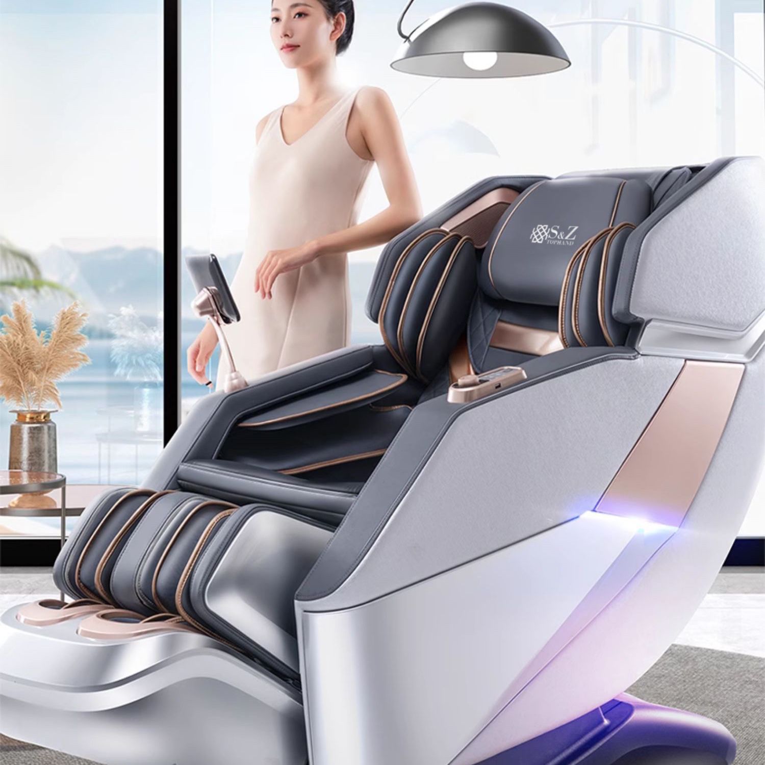 4D Massage Chair 60" Track Zero Gravity Shiatsu Recliner, AI Care, Voice Control, Foot Rollers, Heat（Silver）