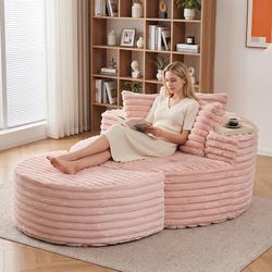 Oversized Round Chaise Lounge Indoor Chair with Ottoman, Corduroy Deep Seat Boneless Couch Chair for Living Room, Bedroom, No Assembly Required, Blush