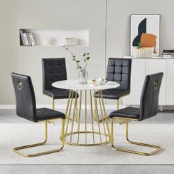 Dining set 5 pc White Faux Marble top, Metal base Gold finish. New Especial price 
