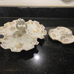 2 Made in France 3 Section Dishes Scalloped Gold Rim Porcelain Bowl with Handle