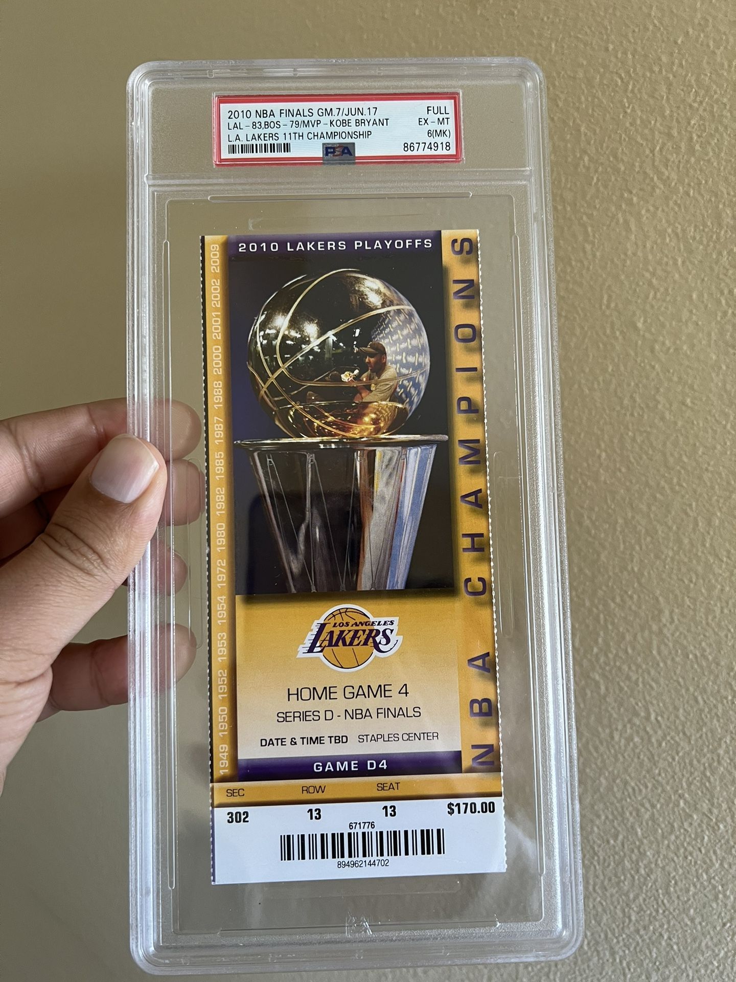 2010 NBA FINALS GAME 7 FULL TICKET LAKERS VS CELTICS PSA 6 (MK) Kobe Bryant MVP