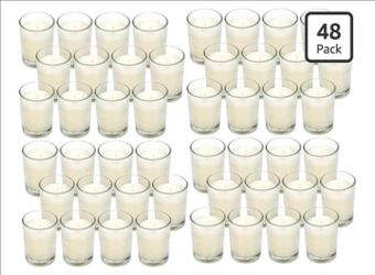 48-Pack Clear Glass Votive Candles – 10–12 Hour Long Burn, Unscented, Ivory, Bulk Set for Weddings