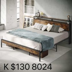 King Size Platform Bed Frame with 2-Tier Storage Headboard in Vintage Brown(8024)