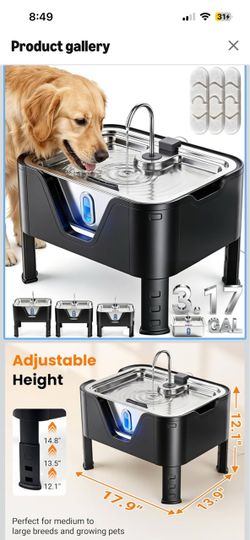 Brand New 3.17Gal/ 12L Large Dog Water Fountain Elevated Dog Bowls with 3 Filters 3-Height Adjustable Dog Water Bowl Dispenser, Quiet Stainless Steel