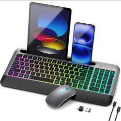 RGB Wireless Keyboard Mouse Combo Rechargeable Silent Ergonomic Wrist Rest