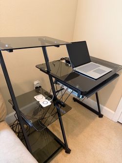 Glass Top PC Desk (dark black glass) With Side Shelves
