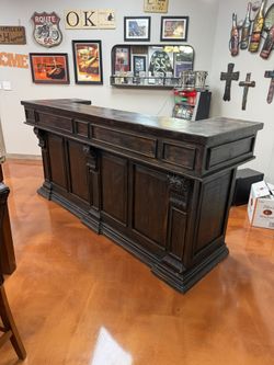 Beautiful Antique Black Oak Bar Cabinet - 8 ft
