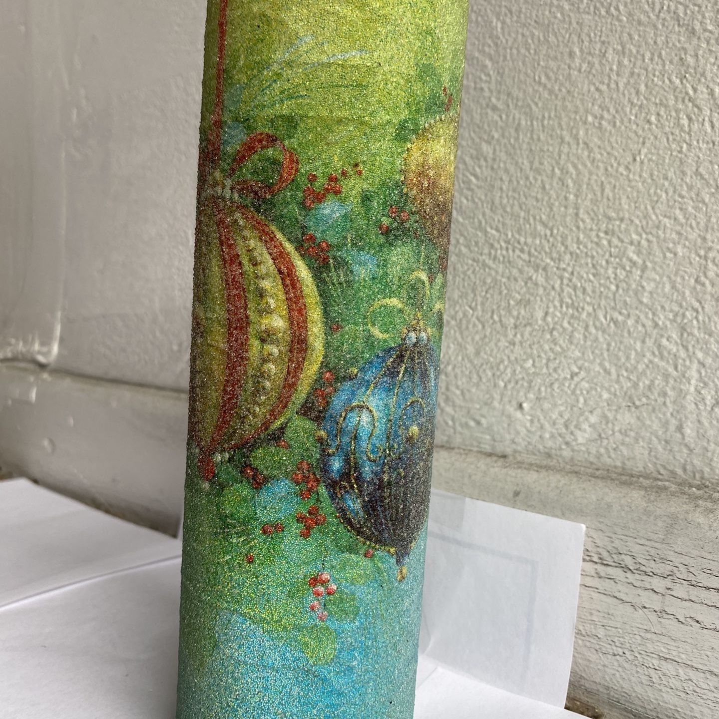 Christmas Vintage “sugar Frosted” Pillar Candle - Blue Green With Ornaments