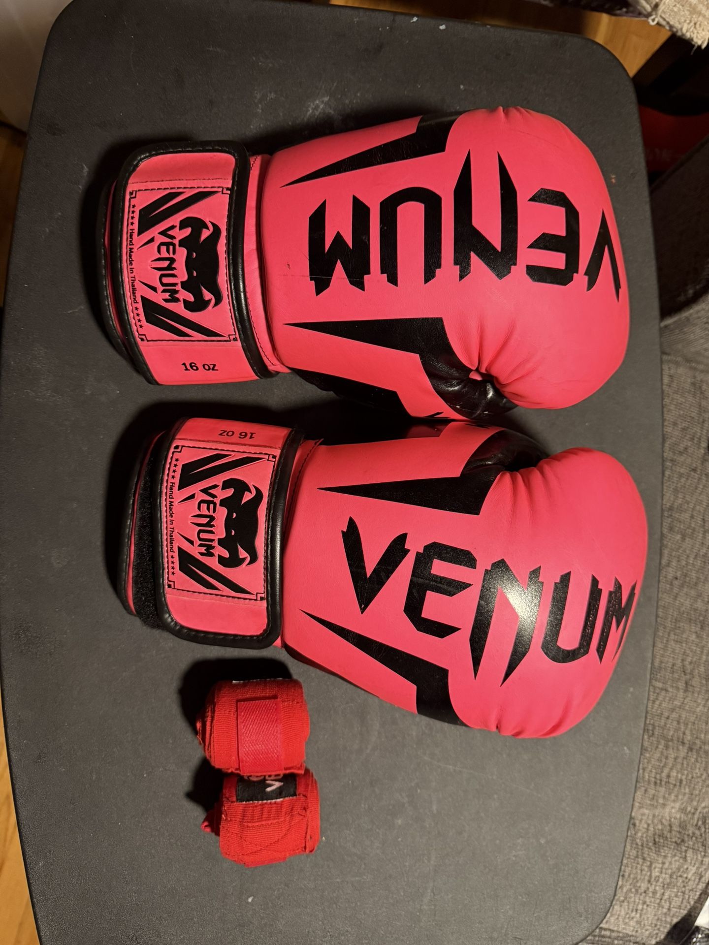 16 OZ Venum Elite Boxing Gloves Hot Pink + Hand Wraps Red