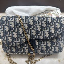 Medium Saddle Pouch with Chain Blue Dior Oblique Jacquard 