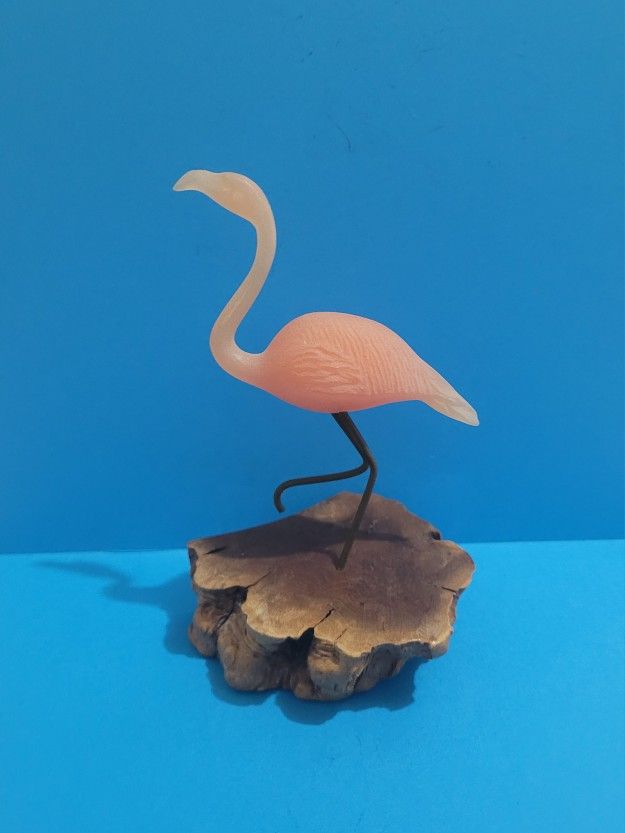 Vintage John Perry Pink Flamingo On Burl Wood Sculpture Nautical Decor 6” Tall.