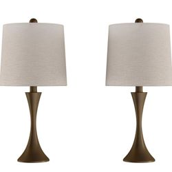 Set of 2 Mid-Century Modern Metal Flared Trumpet Base with Energy Efficient LED Light Bulbs Included (Bronze) Table Lamps