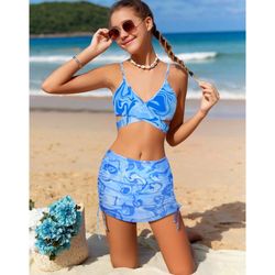 Girls Swimsuits 3 Piece Bathing Suit Allover Printed Criss Cross Bikini Set with Cover Up Skirt Beach Swimwear