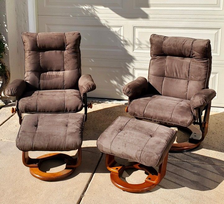 TWO ADJUSTABLE SWIVEL CHAIRS & LEG RESTS , NOW MARKED DOWN to $325  NEW UPOLSTERY, LIKE NEW    (each reupholstered set cost  $300x2=$600. )