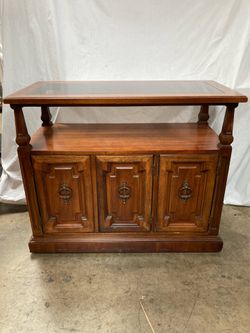 Traditional Glass Top Console Table with 3-Door Storage Cabinet on Casters