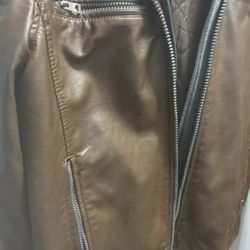 Guess Brown Faux Leather jacket with Gray detachable hood -LARGE