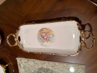 Vintage Porcelain Serving Tray with Ornate Gold-Tone Handles and Pastoral Scene
