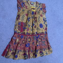 Free size vintage yellow floral tunic dress ruffle flowers boho hippie festival  