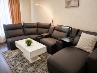 Charcoal 7 Pc Dual Power Reclining Couch with chaise, bluetooth speaker, reading light and table