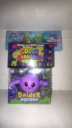 Spider squishy, color changing brain squishy, and 12 ice ice cubes