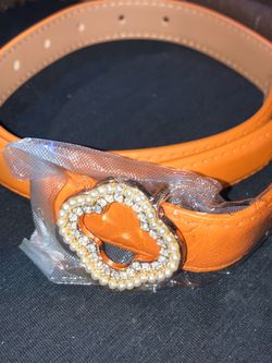 New Orange Belt faux Leather with Pearl and Crystal Buckle