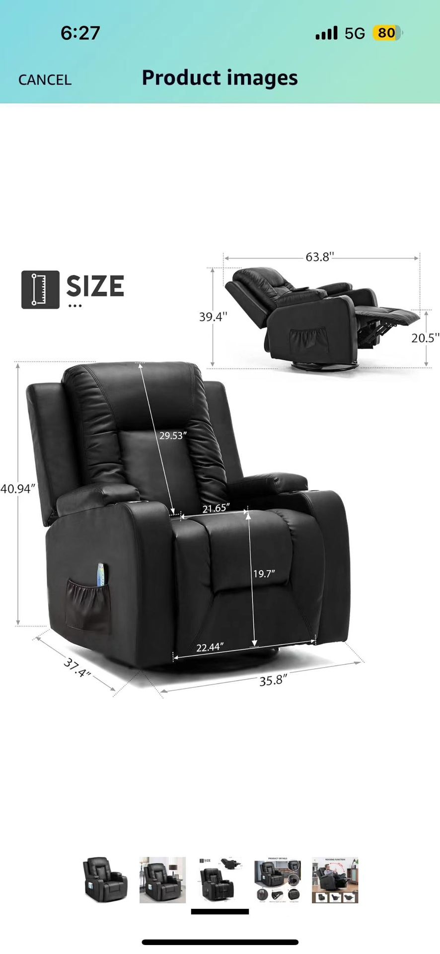 Leather Recliner Chair Rocker with Heated Massage Ergonomic Lounge 360 Degree Swivel Single Sofa Seat Drink Holders Living Room Chair Black