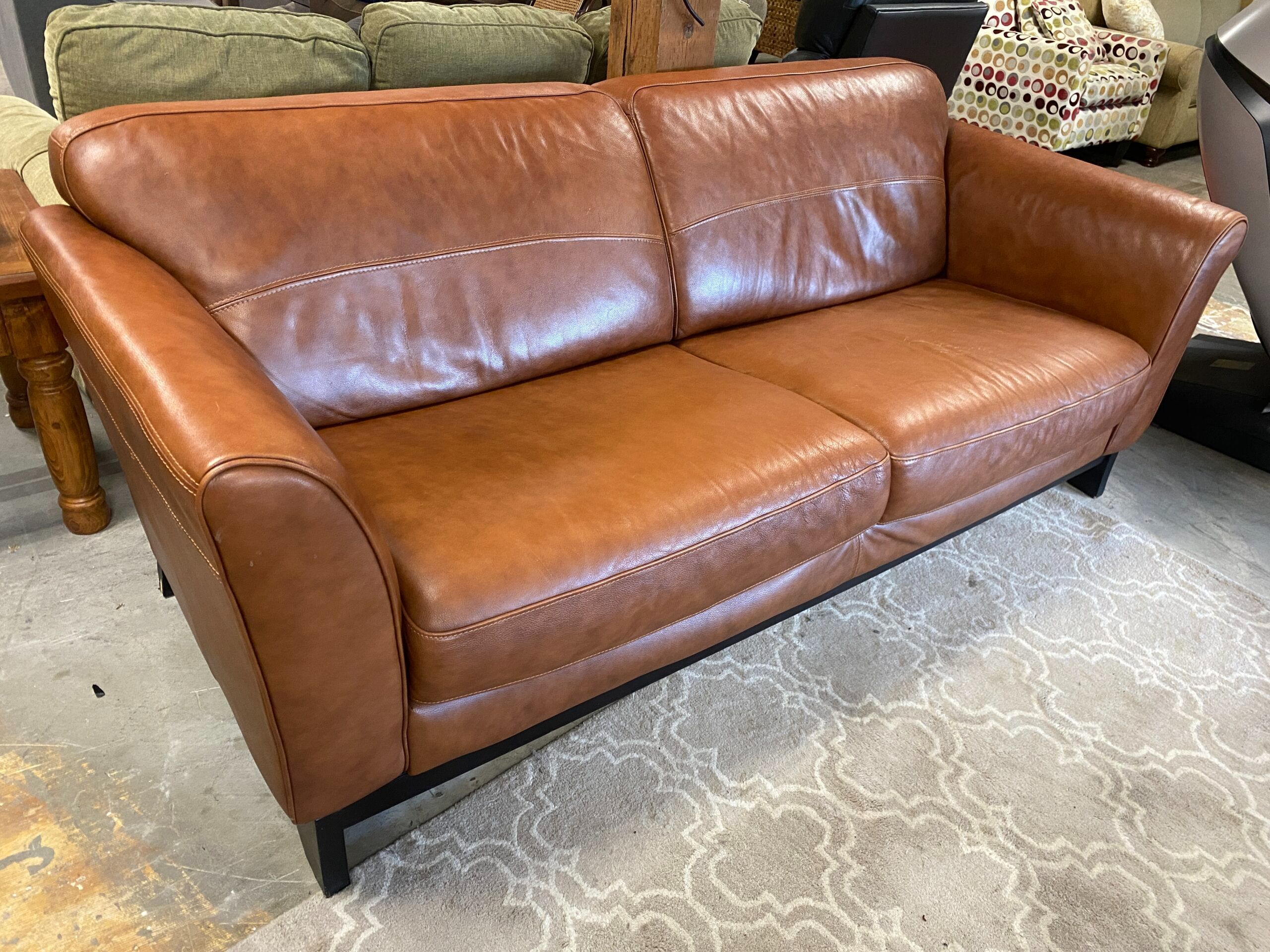 Cognac Leather Sofa w/Black Legs