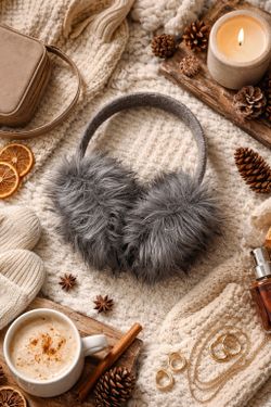 Grey Faux Fur Ear Muffs Silver Gray Shimmer Sparkle Detail Winter Accesories