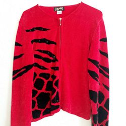 Vtg 90's Elizabeth New York Red Black Animal Print Zip Up Cardigan Sweater Size XL