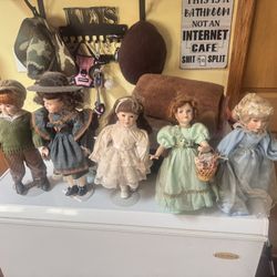 5 Vintage Porcelain Dolls With Stands