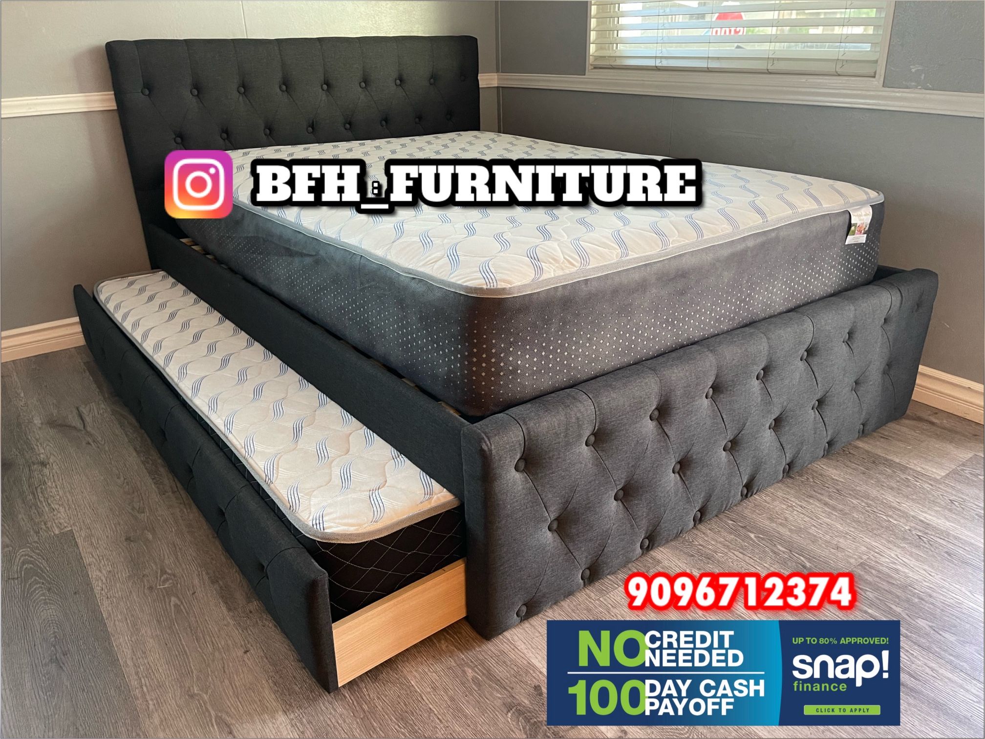 Full/Twin Gray Frenchi Tufted Trundle Beds W. Ortho Mattresses Included