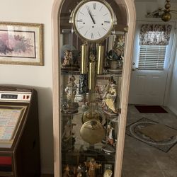 ✨Elegant Grandfather Clock & Display Curio Cabinet - Light Wood  Finish, Glass Shelves and Brass Pendulum
