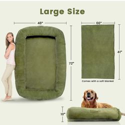 Extra Large Dog Bed, Human Dog Bed for Adult Instead of Foldable Air Mattress, 72"x48"x10" Washable Floor Beds Large Sized Dog Gifts with Handle, Blan