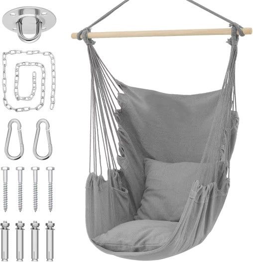 MoNiBloom Hammock Chair Hanging Rope Swing w/2 Cushions, Boho Macrame Hanging Chair Max 350 lbs Capacity w Pocket, Hardware Kit Included, Gray