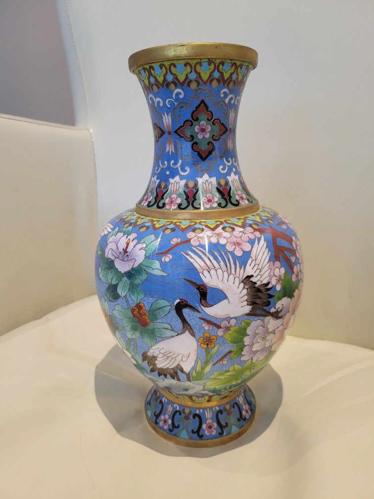 China Vases Cloisonne Paired Bronze. Cranes &flowers. 