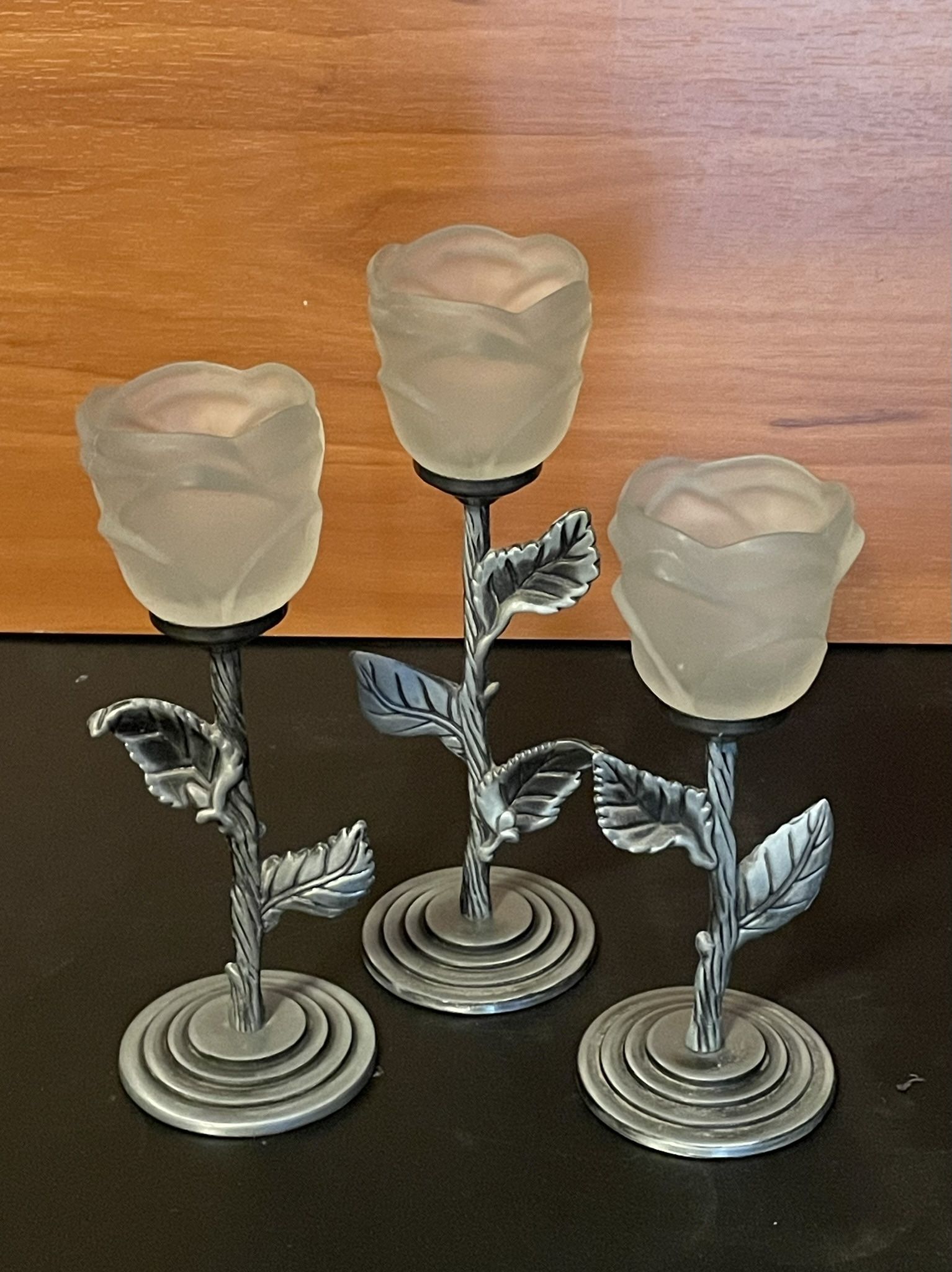 Metal And Glass Rose Candle Holders
