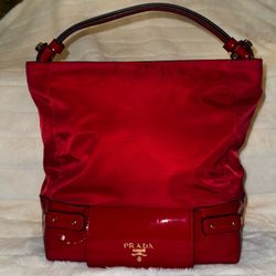 Prada Red Nylon and Patent Leather Tote Bag