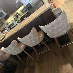 Elegant Mid-Century Modern Set of 4 Stools with Suede-Like Fabric Upholstery, Button Tufted Back, Nailhead Trim, Tapered Walnut Wood Legs, and Gold-Fi