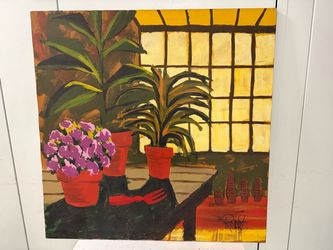 Lee Reynolds “Still Life“ Signed Large Oil Painting Shows Potted Plants 40”x40”.