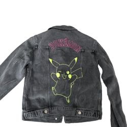 RARE PIKACHU POKEMON DENIM BLACK EMBROIDERED JACKET US SZ 4 Small 
