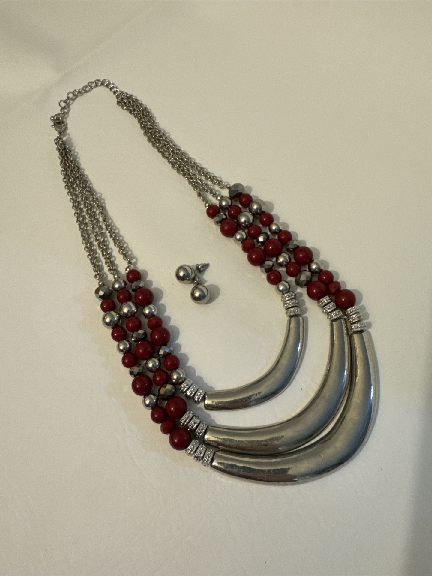 Matching Red And Silver Bead Adjustable Necklace And Earrings Set