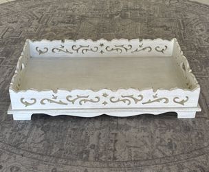 26”L White Embossed Cut-out Mango Wood Tray