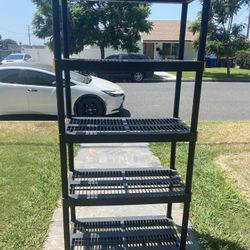 5-tier black plastic ventilated utility shelving unit 74” High X 35” Wide X 17” Deep