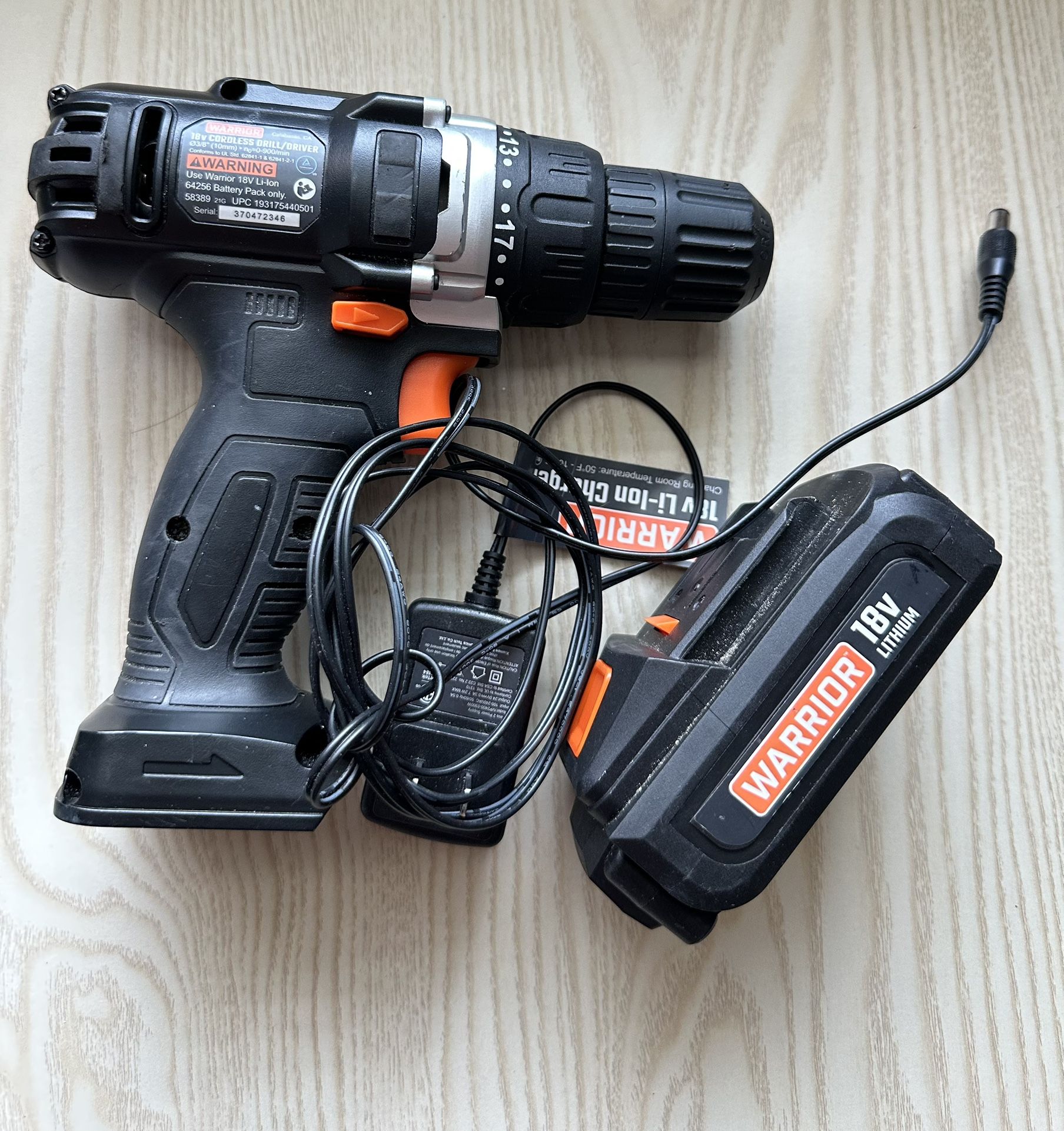 Warrior 18v Lithium-Ion 3/8” Cordless Drill Driver Battery & Charger 