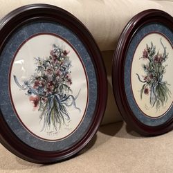 2 Vintage Oval Framed Watercolors Framed and Numbered