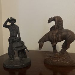 Vintage Michael Garman Cowboy Sculpture called “Drifter” purchased in 1982.  Vintage “End of the Trail” by Red Mill Mfg purchased in 1984.