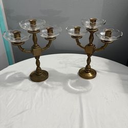 Two Vintage 11” Solid Brass Heavy 3-Arm Candelabras With Removable Glass Bobeches (Wax Catchers)